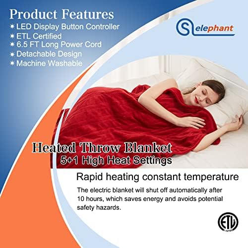 Električni pokrivač s grijanom SELEPHANT u Potpunosti Odobren 62x84 ETL 5+1 Postavke visoke Temperature i 10