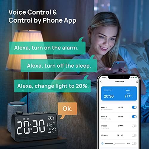 Alarm za čvrsto spava, Vino digitalni sat, Stroj s bijelim buke, Kompatibilna s Alexa i Google, 9-inčni led
