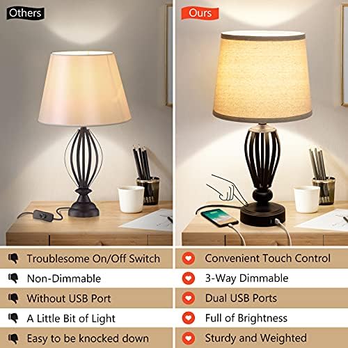 Noćni lampe USB, 3-Sistemski Dodirna lampe s podesivim ona s dva USB priključka za punjenje, Industrijske lampe sa crnim metalnim osnova, lampe za spavaće sobe, dnevnog boravka, ureda ili ordinacije, led žarulja u kompletu