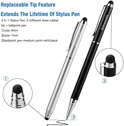Stylus olovke 3 u 1 za zaslone osjetljive na dodir,Kapacitivni stylus olovka za smartphone,Tableta(Dužina 5,7 inča)-Dodatne 2 točenje+8 gumeni nastavci-Crna i srebrna