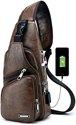 PHABULS Muški bočni remen Kožni ruksak Нагрудная torba za muškarce sa USB-priključkom za punjenje Противоугонный mali ruksak-sling za muškarce(Tamno smeđa-PU)